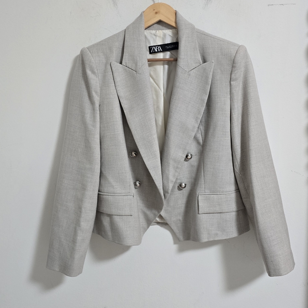 Zara gray double breasted cropped blazer jacket size L - Picture 7 of 11